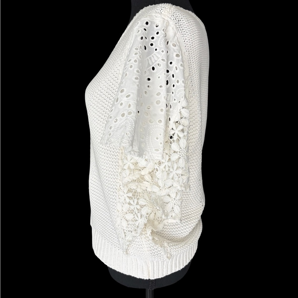 Democracy Cream V-Neck Open-Knit Sweater with Lace Flutter Sleeves - Picture 2 of 4